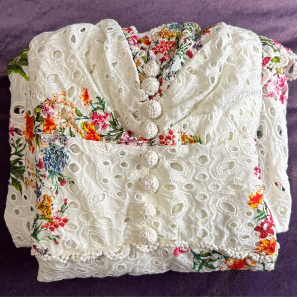 FARM RIO Delicate Forest Scarves Midi Dress XS Eyelet Lace Asymmetric Hi Low - Picture 14 of 14